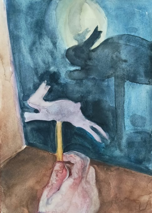A watercolor painting showing a pale hand reaching toward a dark cat-like creature silhouetted against a moonlit blue sky, with a candle dripping wax onto a crumpled pink cloth below.