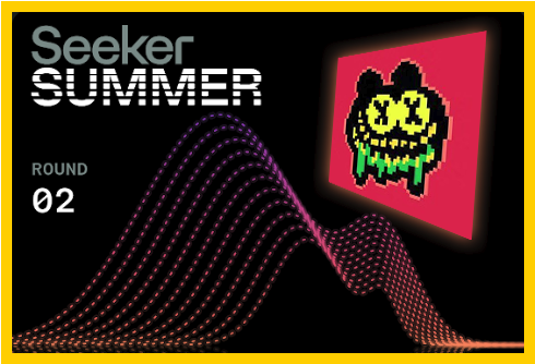A graphic reading 'Seeker SUMMER ROUND 02' with a neon wave design and a pixelated skull logo on a red background.