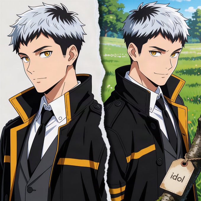 An anime-style illustration showing a young man with silver hair and yellow eyes, depicted twice in a split composition wearing a black and yellow coat, with a tag labeled 'idol' visible in the bottom right.