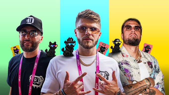 Three men pose against a tri-color (green, cyan, yellow) background wearing lanyards, with pixel art cat figures behind them.