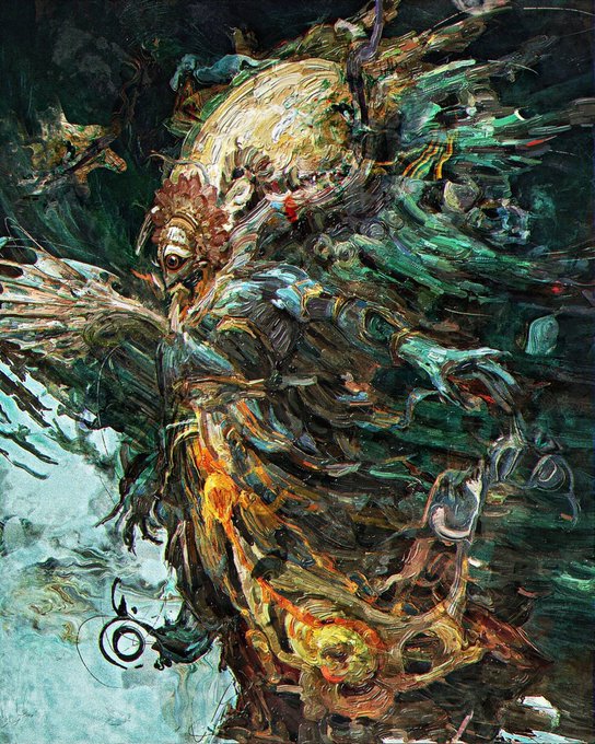 A dark, impressionistic painting of an owl with spread wings rendered in green, brown, and orange brushstrokes against a moody background.