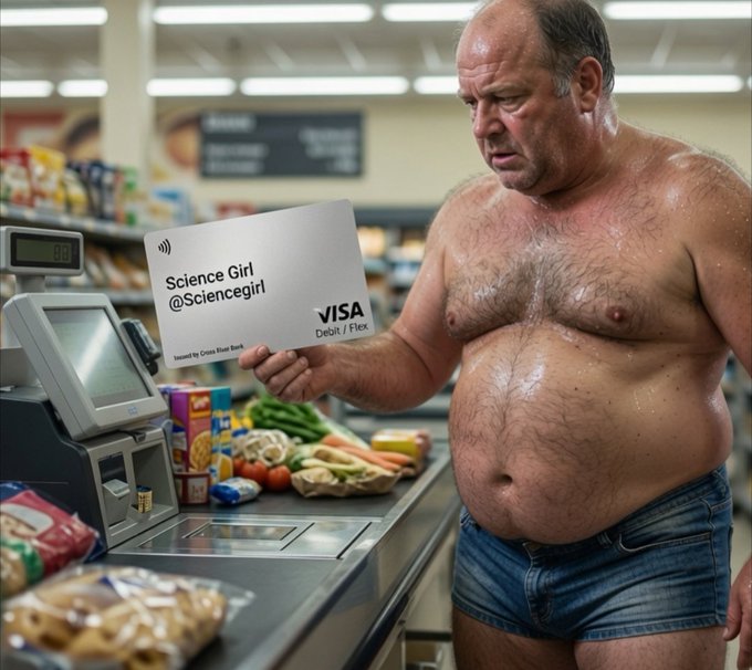 A shirtless, sweating man at a grocery store checkout holds up a Visa credit card reading "Science Girl @Sciencegirl" while surrounded by his purchases, humorously illustrating the post's joke about people struggling to pay with "Xmoney."