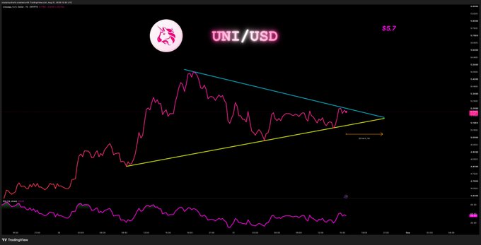 A TradingView chart of UNI/USD showing a symmetrical triangle pattern with converging cyan upper resistance and yellow lower support trendlines, with RSI at the bottom; the post notes that UNI is a strong example of an altcoin nearing an upside breakout if its support line holds.