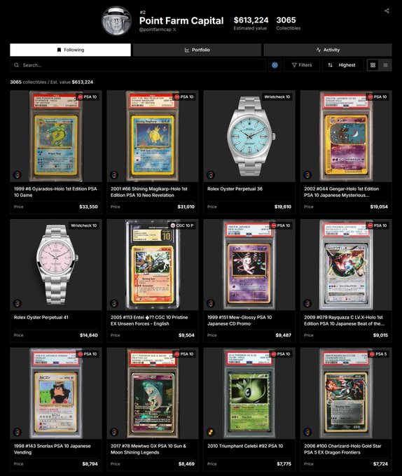 A screenshot of a cryptocurrency NFT marketplace showing the 'Point Farm Capital' collection with $613,224 estimated value and 3,065 collectibles, displaying items including Pokemon PSA graded cards, a Rolex Oyster Perpetual 36, and a Rolex Oyster Perpetual 41.
