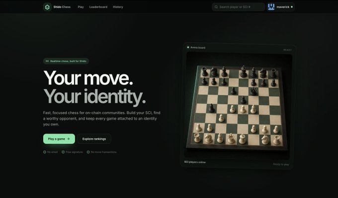 Dids Chats chess platform homepage with tagline 'Your move. Your identity.' offering on-chain chess gameplay with an SCI (Soulbound Credentials) system, showing 50 players online.