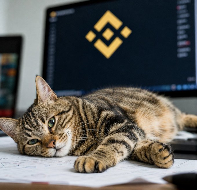 A tabby cat lounges on papers scattered across a desk, with a monitor displaying the Binance logo (the yellow diamond shape) in the background. The yawning cat perfectly captures the lazy "Saturday chill" vibe, embodying the relaxed weekend energy while surrounded by crypto-related work materials.
