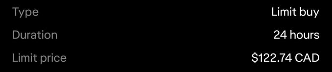 A screenshot of a trading interface showing order details: Type "Limit buy," Duration "24 hours," and Limit price "$122.74 CAD" on a black background.