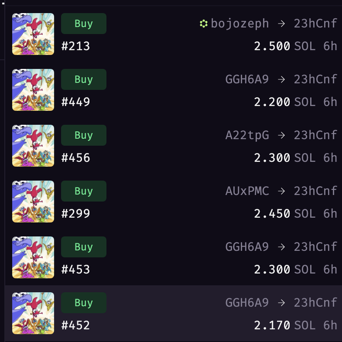 The image displays a list of Claynosaurz NFT purchases, showing transactions to the wallet "23hCnf" for various Epic cards (#213, #449, #456, #299, #453, #452) priced between 2.170 and 2.500 SOL each over the last 6 hours. This aligns with the post celebrating a win from pulling Epic Claynosaurz cards and listing recent purchases of the collection at around 2.5 SOL apiece.