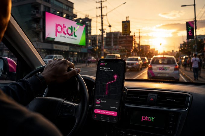 A driver's hand rests on a steering wheel inside a car, with a smartphone mounted on the dashboard displaying a ride-hailing app showing a route map. Through the windshield, a billboard with 'ptdt' branding is visible against a sunset cityscape.