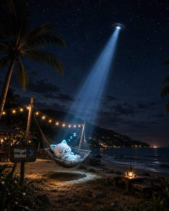 A peaceful kitten sleeps in a hammock on a nighttime beach under a UFO's spotlight, with a lantern-lit sign reading "Bitget Wallet" glowing in the foreground—fittingly capturing the crypto sponsor's spirit of catching the next big "signal" from beyond, somewhere between the moon and the next block.