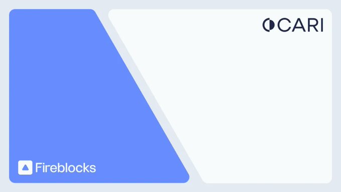 A split design with a blue section featuring the Fireblocks logo on the left and a white section with the CARI logo on the top right.