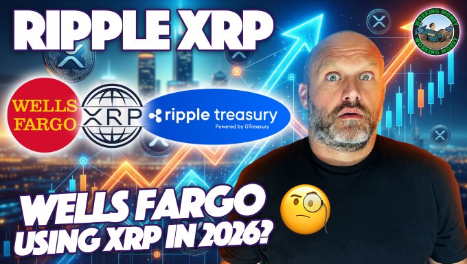 A thumbnail featuring a bald man with a surprised expression beside the text "RIPPLE XRP" and "WELLS FARGO USING XRP IN 2026?" with logos for Wells Fargo, XRP, and Ripple Treasury over a financial chart background. The image visually supports the post's claim about Wells Fargo tokenizing assets and connecting directly to Ripple Treasury via the XRPL for interoperability.