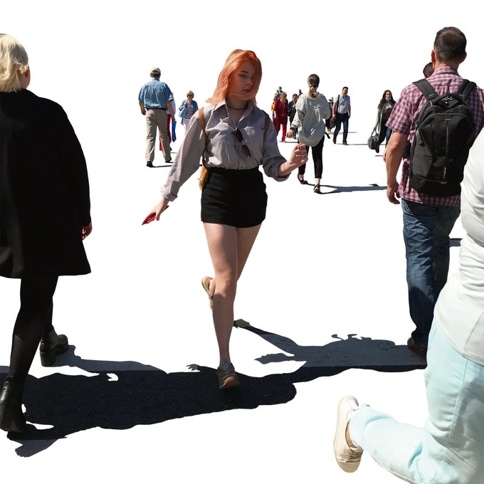A redheaded woman in a grey blouse and black skirt walks among a crowd against a white background with harsh shadows.