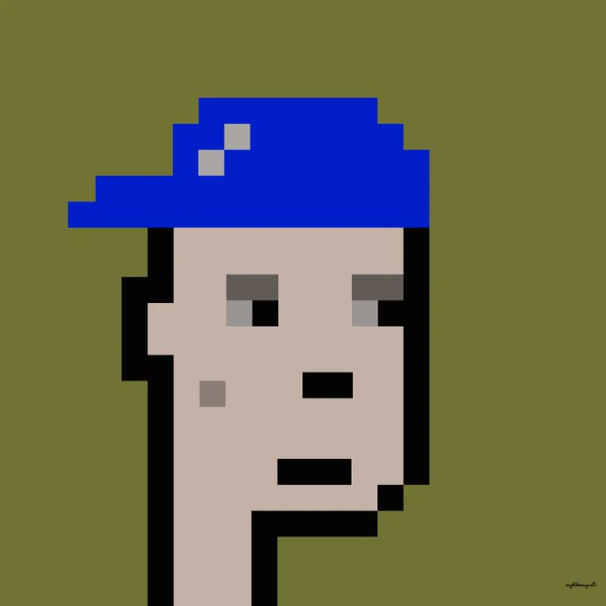 A pixel art portrait of a character wearing a blue hat against an olive green background.