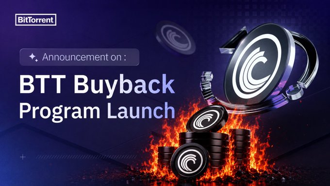 A promotional graphic for BitTorrent announcing a 'BTT Buyback Program Launch' with BTT coins and flames.