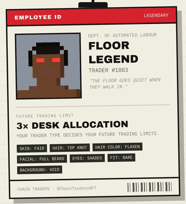 A Chain Traders NFT employee ID card labeled 'LEGENDARY' for Trader #1883 'FLOOR LEGEND' in the Dept. of Automated Labour, featuring 3x desk allocation and traits including top knot hair, full beard, and shades.