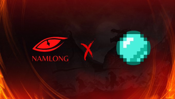 A red and black promotional graphic displays the "NAMLONG" dragon eye logo beside an "X" and a teal pixel-art mushroom icon, set against a fiery backdrop with a faint dragon silhouette, representing a collaboration giveaway between NamLongDAO and @oceanhunterxyz for a GameFi fish-shooting game on Alphabot.