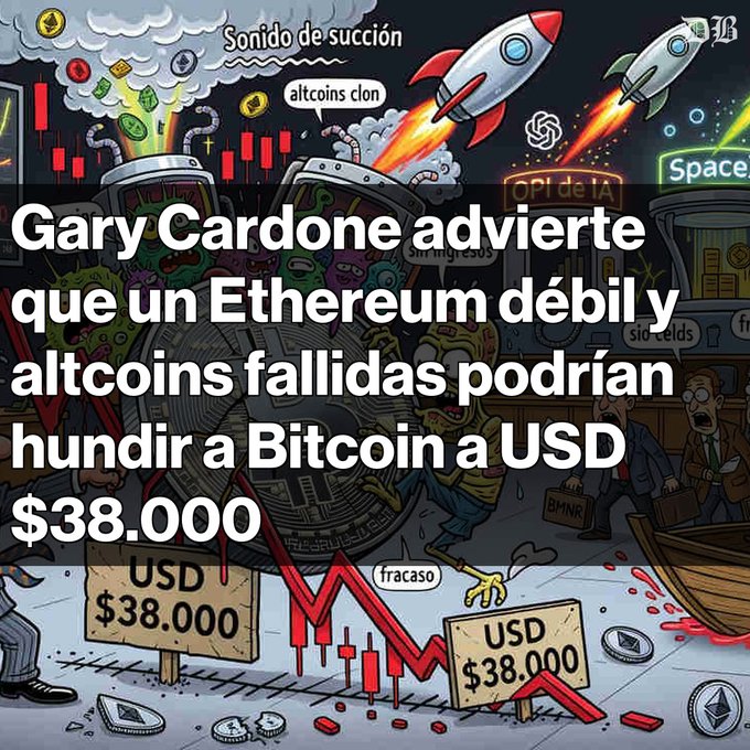 The image features a cartoon graphic depicting a man's face with various objects scattered around him, including Bitcoin symbols, a Bitcoin sign, and Altcoins falling from a building. The scene appears to be a warning about the risks associated with investing in cryptocurrency, specifically Bitcoin. Additionally, there is text in Spanish that explains the potential consequences of a crash or decrease in value for those who invest in Bitcoin.