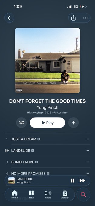 A screenshot from Apple Music showing Yung Pinch's "Don't Forget the Good Times" album playing, with the track "Landslide" currently selected from the tracklist. The post praises the artist as underrated, aligning with the user's apparent endorsement of his hip-hop/rap work shown in the app.