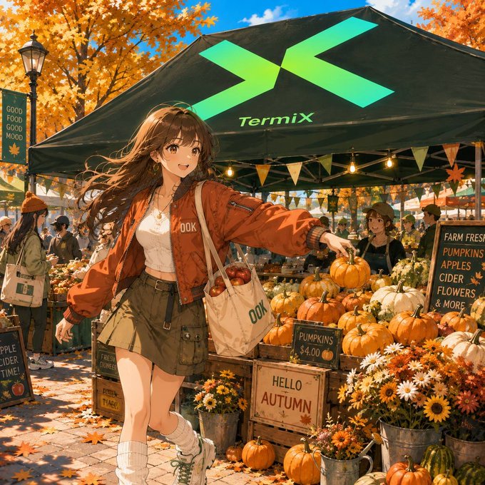 A cheerful anime-style girl browses a pumpkin-filled autumn farmers market under a green "Termix" tent, with chalkboards displaying "PUMPKINS $4.00," "HELLO AUTUMN," and "FARM FRESH PUMPKINS APPLES CIDER FLOWERS & MORE." The vibrant marketplace scene mirrors the post's theme of Termix AI launching across multiple chains, contrasting its mature BNB Chain presence (hundreds of completed jobs) with the early "cold start" phase on Robinhood Chain, much like setting up fresh stalls at a new fair.