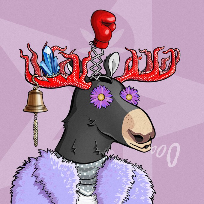 A surreal digital illustration depicts a black bear's head adorned with purple daisy eyes, red coral antlers featuring a boxing glove and crystal, a hanging bell, and a fluffy purple boa against a pink background.