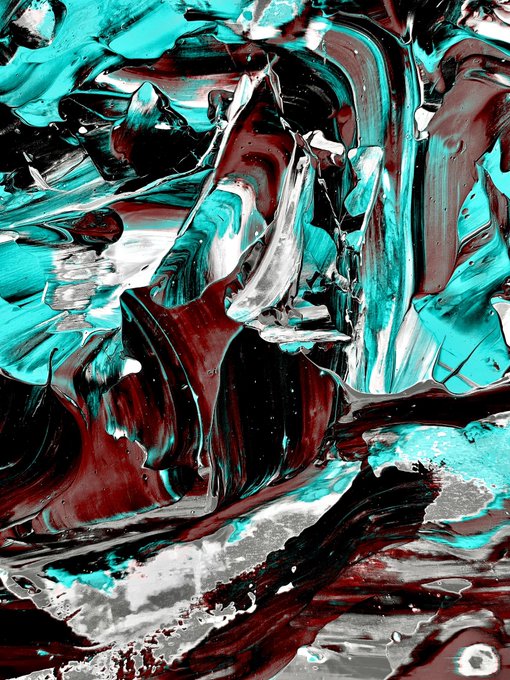 An abstract image featuring swirling, glossy textures in shades of teal, dark red, black, and white.
