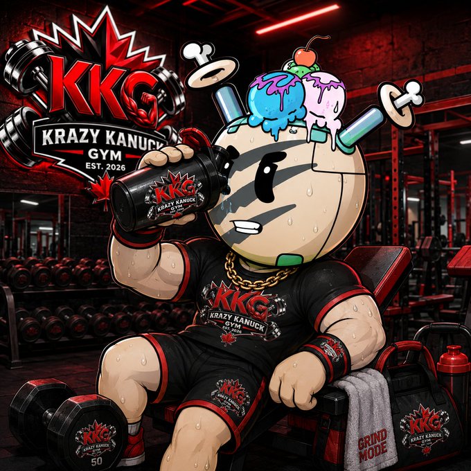 Cartoon mascot illustration for "KKG Krazy Kanuck Gym EST. 2026" showing an exhausted egg-like character drinking from a shaker bottle while sitting in a gym surrounded by weights and gym equipment.