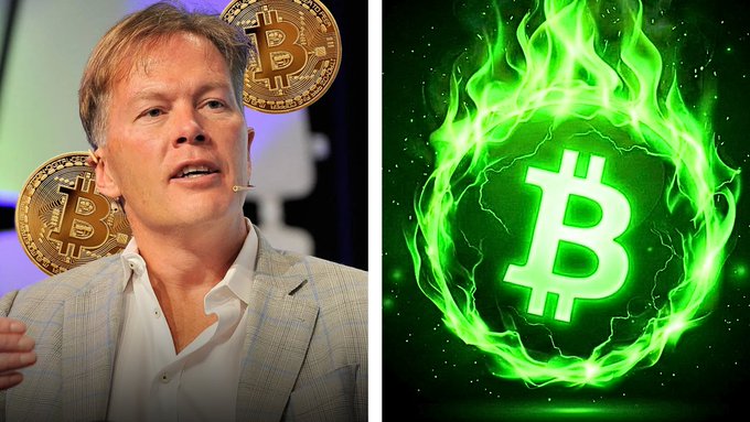 A split image showing a man speaking on the left with Bitcoin coins behind him, and a glowing green Bitcoin logo surrounded by flames on the right.