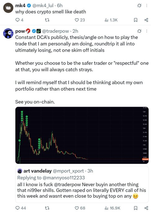 A crypto Twitter thread showing traders discussing losses, with @traderpow responding to criticism about his public DCA trades by committing to focus on his own portfolio, accompanied by a candlestick chart showing a steep price decline and a reply from @mport_xport claiming to have lost money following his calls.