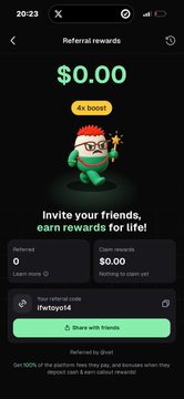 A dark-themed mobile referral rewards page shows a balance of “$0.00,” a “4x boost” badge, and the heading “Invite your friends, earn rewards for life!” Below are reward tiers with “0” and “$0.00,” plus a green “Share with friends” button. The post references “solscan.io/tx/3wwEyEAmxgq …,” linking a Solana transaction to this referral/rewards screen.