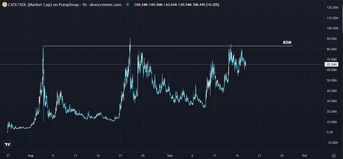 A TradingView 1-hour candlestick chart displays $CATE's market capitalization on PumpSwap, ranging from roughly $5M to $85M since late July, with current price at $65.54M (+0.32%), supporting the post's claim that CATE's structure is solid and trending toward a $100M+ target.