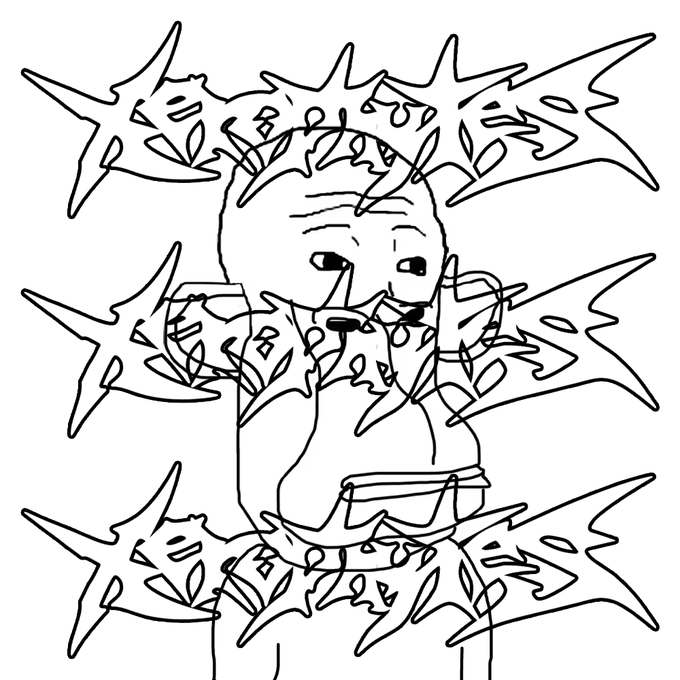 A simple line drawing depicts a figure among jagged leaves and shapes.