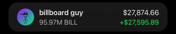 A dark-themed financial widget displaying 'billboard guy' with a portfolio value of $27,874.66 showing a gain of +$27,595.89, with 95.97M BILL holdings.