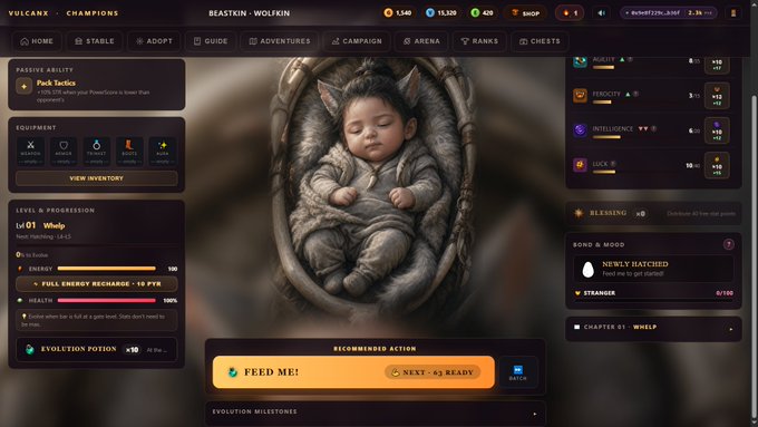 A screenshot from the game Vulcane Champions showing a baby Beaskin-Wolfkin character named 'Wolfp' sleeping in a fur-lined bassinet, with stats like Tenacity (3), Intelligence (6), and Luck (10), and a 'FEED ME!' action button.