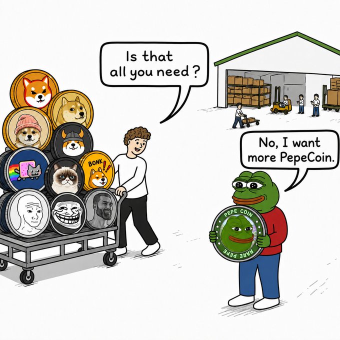 A meme illustration shows a person pushing a cart stacked with various meme coins asking 'Is that all you need?', while a Pepe figure holding a 'PEPE COIN' token replies, 'No, I want more PepeCoin.'