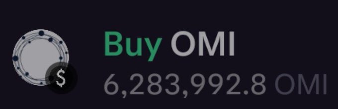 A digital interface displaying a 'Buy OMI' button next to a silver coin icon, with the amount '6,283,992.8 OMI' shown in gray text on a black background.