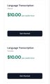 A dark-themed cryptocurrency interface showing 'Language Transportation' entries with values of '$10.00' and small 'Get Started' buttons beneath each.