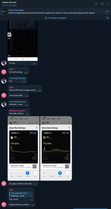 A Telegram group chat screenshot titled 'diskusi dan gel' with 16,081 messages, showing shared images of stock trading charts for BGT and IOO.