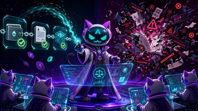 A neon cyberpunk-style illustration of a cat-like figure in robes presiding over a holographic blockchain courtroom, flanked by robotic cat assistants and scattered documents.