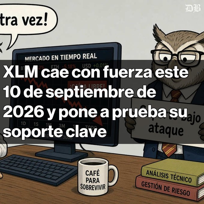 An illustration of an owl in a suit holding a sign that reads 'Soporte bajo ataque', with Spanish text overlay stating 'XLM cae con fuerza este 10 de septiembre de 2026 y pone a prueba su soporte clave', alongside books labeled 'ANÁLISIS TÉCNICO' and 'GESTIÓN DE RIESGO' and a mug reading 'CAFÉ PARA SOBREVIVIR'.
