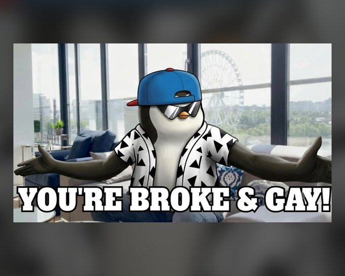 A 3D-rendered penguin character wearing a blue baseball cap, sunglasses, and a patterned shirt stands with the text "YOU'RE BROKE & GAY!" overlaid in bold white letters.