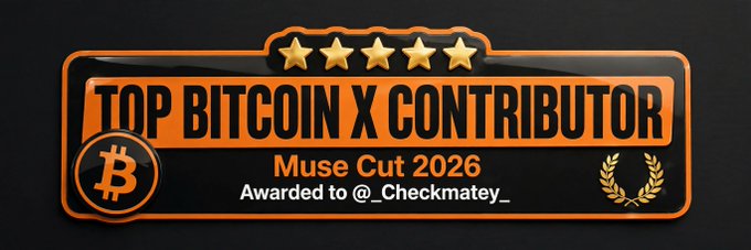 An orange and black award badge with five stars, reading 'TOP BITCOIN X CONTRIBUTOR', 'Muse Cut 2026', and 'Awarded to @_Checkmatey_' alongside a Bitcoin logo.
