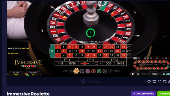 A screenshot from "Immersive Roulette" on Roobet displays a live casino wheel interface with betting options, showing a balance of $0.00 and a recent win of $101,391 for player "488." The betting layout visible on the screen corresponds to the post's mention of choosing between areas on the roulette table, where the player hesitantly picked one of two sections and earned $63 when the ball landed there.