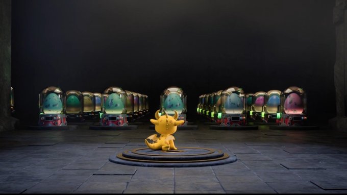 A 3D-rendered scene of a small yellow dragon-like creature (resembling Psyduck) sitting on a circular pedestal in a dark stone chamber, surrounded by rows of glowing, colorful glass capsules or display cases.