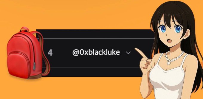 An anime-style illustration of a girl pointing at a profile card showing '4 @0xblackluke' alongside a red backpack on an orange background.