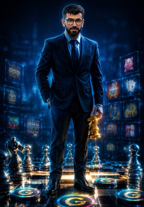 A man in a sharp blue suit stands confidently on a glowing chessboard, holding a golden chess piece while surrounded by floating screens displaying various digital games and floating chess pieces. The imagery reinforces the post's message of being the "boss," symbolizing strategic control and dominance across multiple gaming platforms with 2,000,000+ holders and 15,000%+ growth.