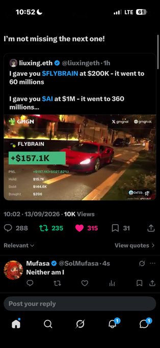 A Twitter/X mobile screenshot of a post by "liuxing.eth" reading "I gave you $FLYBRAIN at $200K - it went to 60 millions" with the same GMGN token graphic showing +$157.1K.