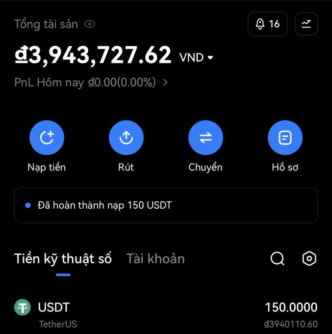 A cryptocurrency exchange account dashboard showing a total balance of ₫3,943,727.62 VND with 150 USDT (worth ₫3,940,110.60) held, featuring options to deposit, withdraw, transfer, and view profile. The screenshot illustrates the user's earnings claim from the project, displaying a recently completed 150 USDT deposit.