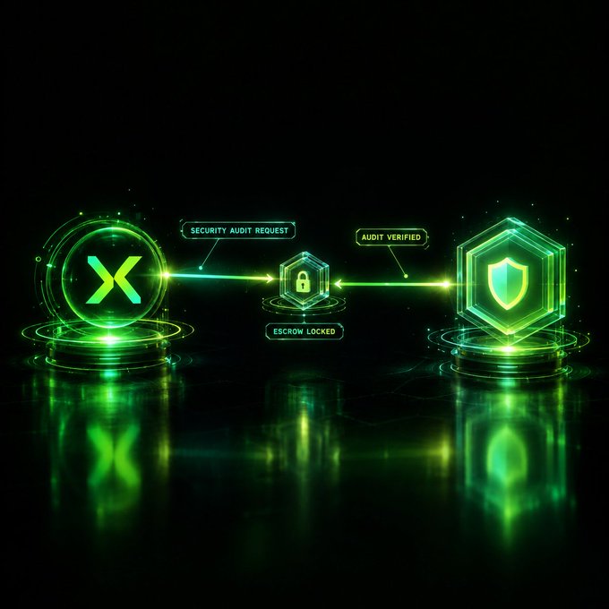 A futuristic green holographic diagram showing a security audit process with labels 'SECURITY AUDIT REQUEST', 'AUDIT VERIFIED', and 'ESCROW LOCKED', connecting an 'X' icon on the left to a shield icon on the right.