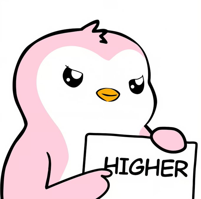 Cartoon illustration of a pink and white penguin with an angry expression holding a sign that says 'HIGHER'.